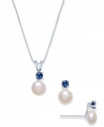 Cultured Freshwater Pearl (6mm) & Sapphire (1/2 ct. t. w. ) Jewelry Set in Sterling Silver