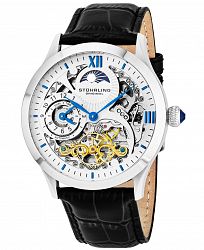 Stuhrling Original Stainless Steel Case on Black Alligator Embossed Genuine Leather Strap, White Skeletonized Dial, With Blue, Gold Tone, and Black Accents