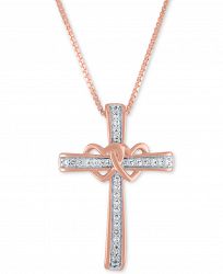 Diamond Heart and Cross 18" Pendant Necklace (1/10 ct. t. w. ) in 14k Rose Gold-Plated Sterling Silver