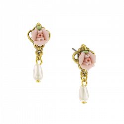2028 Gold-Tone Pink Porcelain Rose Simulated Pearl Drop Earrings