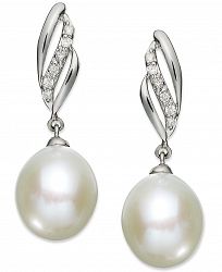 14k White Gold Earrings, Cultured Freshwater Pearl (9mm) and Diamond (1/10 ct. t. w. ) Drop Earrings
