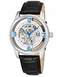 Stuhrling Original Men's Dress Skeletonized Automatic Watch, Silver Tone Case on Black Alligator Embossed Genuine Leather Strap, Silver Tone Skeletonized Dial With Blue Accents