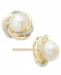 Cultured Freshwater Pearl (7mm) and Diamond Accent Knot Stud Earrings in 14k Gold