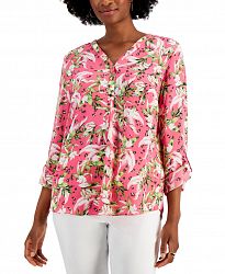 Jm Collection Petite Y-Neck Roll-Sleeve Top, Created for Macy's