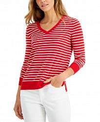 Style & Co Petite Striped V-Neck Sweater, Created for Macy's