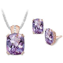 Lavender Radiance Women's Sterling Silver Pendant Necklace And Earrings Set Featuring 5 Carats Of Rose De France Amethyst With White Topaz & 18K Rose Gold Plated Accents