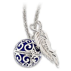 Guardian Angel Caller Rhodium Platinum-Plated Ball Pendant Necklace That Opens To Reveal A Bell And Comes With A Feather Charm With Crystals