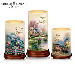 The Light Of Home Illuminated Pillar-Style Wax LED Flameless Candle Set Adorned With Full-Colour Thomas Kinkade Art And Inspirational Sentiments