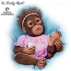So Truly Real Cooing Cora Vinyl Baby Monkey Doll With Custom Ruffled Romper & Magnetic Pacifier Featuring Hand-Applied Mohair