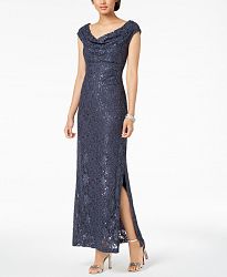 Connected Sequined Lace Cowl-Neck Gown