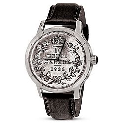 Canadian Dot Dime Stainless Steel Watch With A Black Leather Band Featuring A Watch Face Inspired By The Obverse 1936 Canadian Dot Dime