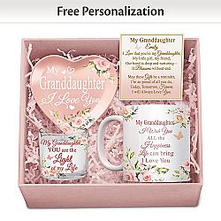 Granddaughter, I Love You Pink Floral Personalized Gift Box Set Featuring A Porcelain Mug, Heart-Shaped Trinket Tray And Candleholder With Soy Candle