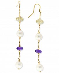 Effy Cultured Freshwater Pearl (8mm) & Multi-Gemstone (5-1/2 ct. t. w. ) Linear Drop Earrings in 14k Gold