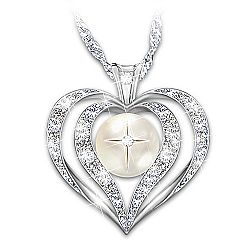 Wisdom Of Faith Women's Topaz And Diamond Heart-Shaped Pendant Necklace Featuring A Mother Of Pearl Cabochon Etched With A Religious Cross