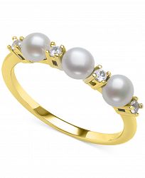 Belle de Mer Cultured Freshwater Button Pearl (4mm) & Lab-Created White Sapphire (1/6 ct. t. w. ) Ring in 14k Gold-Plated Sterling Silver