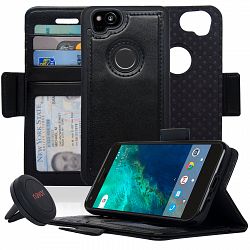 NAVOR Car Mount and Detachable Wallet Case for Google Pixel 2 [RFID Protection] [Logo Hole] - Black
