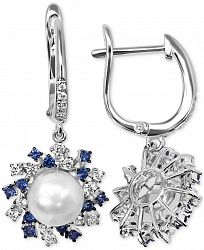 Cultured Freshwater Pearl (6mm) & Cubic Zirconia Scattered Halo Drop Earrings in Sterling Silver