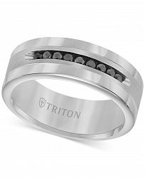 Triton Men's Tungsten and Sterling Silver Ring, Channel-Set Black Diamond Accent Wedding Band