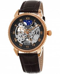 Stuhrling Original Men's Automatic Skeleton Watch, Rose Tone Case on Brown Alligator Embossed Genuine Leather Strap, Gray Skeletonized Dial, With Rose Tone, White, and Blue Accents