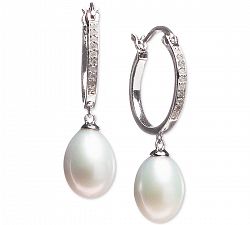 Cultured Freshwater Pearl (7 x 9mm) & Diamond (1/10 ct. t. w. ) Hoop Drop Earrings in Sterling Silver