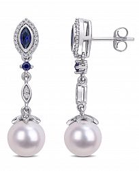 Freshwater Cultured Pearl (8.5-9mm), Created Sapphire (1/3 ct. t. w. ) and Diamond (1/5 ct. t. w. ) Drop Earrings in 10k White Gold