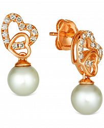 Le Vian Vanilla Pearl (6mm) & Nude Diamond (1/6 ct. t. w. ) Double Heart Drop Earrings in 14k Rose Gold