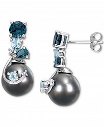 Cultured Tahitian Pearl (9mm) & Blue Topaz (2 ct. t. w. ), & Diamond Accent Drop Earrings in 14k White Gold