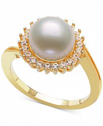Belle de Mer Cultured Freshwater Pearl (8mm) & Lab-Created White Sapphire (3/8 ct. t. w. ) Halo Ring in 14k Gold-Plated Sterling Silver