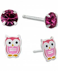 Giani Bernini 2-Pc. Set Crystal Solitaire & Enamel Owl Stud Earrings in Sterling Silver, Created for Macy's
