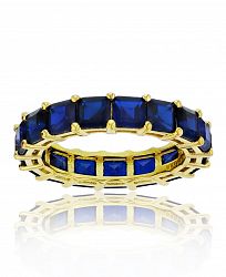 Created Blue Spinel Princess Cut Eternity Band in 14k Yellow Gold Plated Sterling Silver