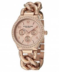 Stuhrling Original Stainless Steel Rose Tone Case on Chain Bracelet, Rose Tone Dial, Cubic Zirconia Crystal Studded Bezel, With Rose Tone and White Accents