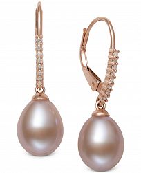 Belle de Mer Pink Cultured Freshwater Pearl (8-9mm) & Diamond (1/10 ct. t. w. ) Leverback Drop Earrings in 14k Rose Gold, Created for Macy's