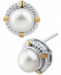 Cultured Freshwater Pearl (8mm) Rope-Framed Two-Tone Stud Earrings in Sterling Silver & 10k Gold