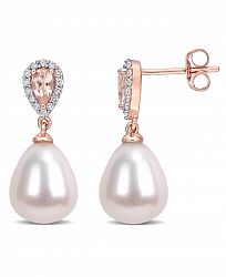 Freshwater Cultured Pearl (9-9.5mm), Morganite (1/2 ct. t. w. ) and Diamond (1/7 ct. t. w. ) Drop Earrings in 10k Rose Gold