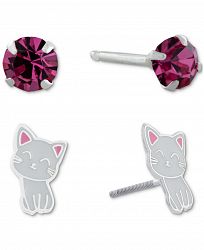 Giani Bernini 2-Pc. Set Crystal Solitaire & Enamel Kitten Stud Earrings in Sterling Silver, Created for Macy's