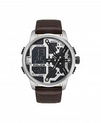 Police Men's Analog-Digital Brown Genuine Leather Strap Watch 48mm