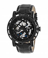Reign Stavros Automatic Black Case, Genuine Black Leather Watch 44mm