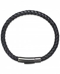 Men's Black Leather Bangle Bracelet in Stainless Steel