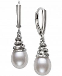 Cultured Freshwater Pearl (8-9mm) & Diamond Accent Leverback Drop Earrings in Sterling Silver