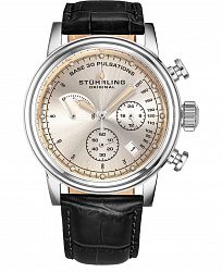 Stuhrling Men's Quartz Pulsometer Chronograph, Faded Off-White Dial, Black Leather Strap Watch