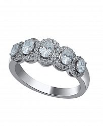 Graduating Five Stone Oval & Round Diamond (1 ct. t. w. ) Halo Ring in 14K White Gold