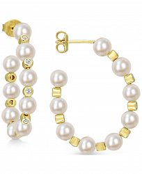 Cultured Freshwater Pearl (4-1/2 - 5mm) & White Topaz (1/2 ct. t. w. ) Hoop Earrings in Gold-Tone Plated Sterling Silver
