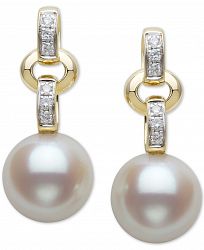 Belle De Mer Cultured Freshwater Pearl (9mm) & Diamond (1/10 ct. t. w. ) Drop Earrings in 14k Gold
