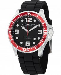 Stuhrling Original Stainless Steel Case on Black High Grade Silicone Rubber Interchangeable Strap With Additional Red Silicone Rubber Strap, Red Bezel, Black Dial, With Silver Tone and White Accents