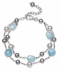 Milky Aquamarine and Cultured Freshwater Pearl Double Row Sterling Silver Bracelet