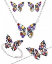 Multi Gemstone Butterfly Statement Ring Earrings Necklace Bracelet Jewelry Collection In Sterling Silver