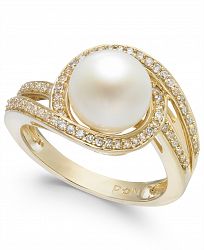 White Cultured Freshwater Pearl (9mm) and Diamond (1/3 ct. t. w. ) Swirl Ring in 14k White Gold (Also Available in 14k Yellow Gold & 14k Rose Gold)