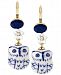 Betsey Johnson Gold-Tone Blue and White Ceramic Owl Drop Earrings