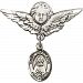 Sterling Silver Baby Badge with St. Anastasia Charm and Angel w/Wings Badge Pin 1 1/8 X 1 1/8 inches