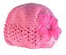 PLH Bows Crochet Hat with Feathers and Hibiscus Flower. Hand Sewn Sequins Are in the Center and on Petals of Hibiscus (FUCHSIA)